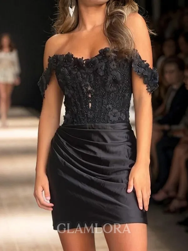 Charming Sheath Off-the-Shoulder Flower Short/Mini Silk Like Satin Homecoming Dress