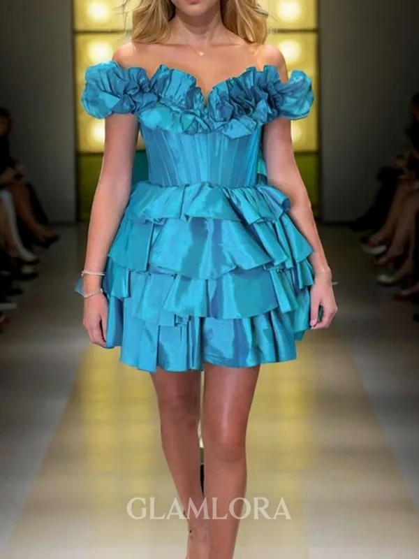Exquisite A-line Off-the-Shoulder Cascading Ruffles Short/Mini Taffeta Corset Homecoming Dress