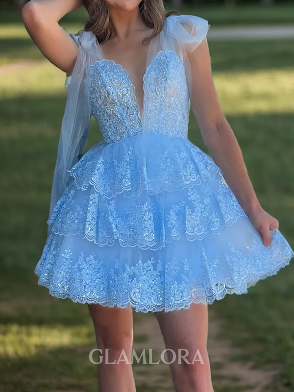 Modest A-line V-Neck Cascading Ruffles Short/Mini Tulle Corset Homecoming Dress