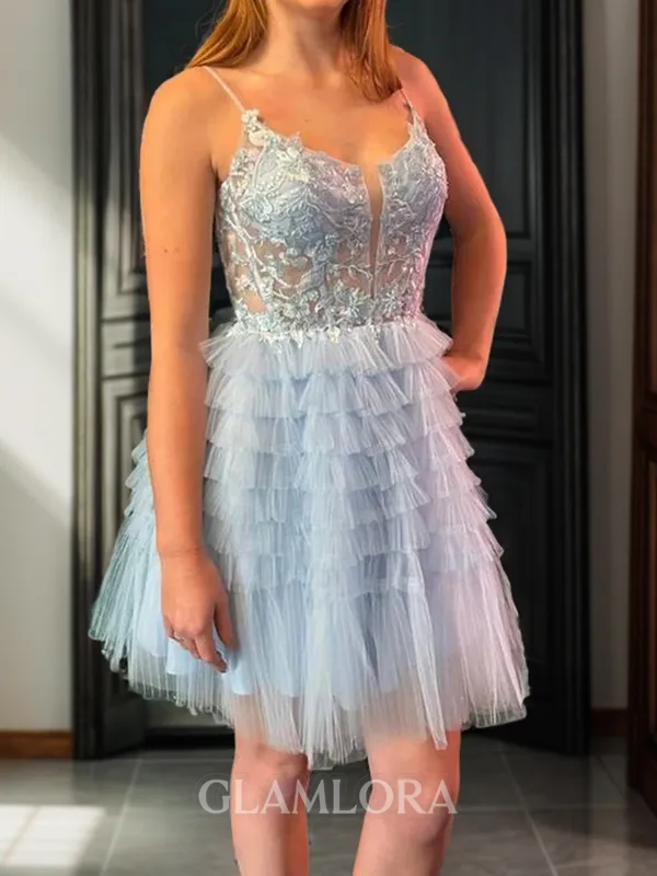 Beautiful A-line Spaghetti Straps Appliques Lace Short/Mini Tulle Corset Homecoming Dress