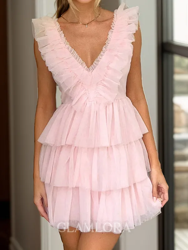 Timeless A-line V-Neck Cascading Ruffles Short/Mini Tulle Homecoming Dress