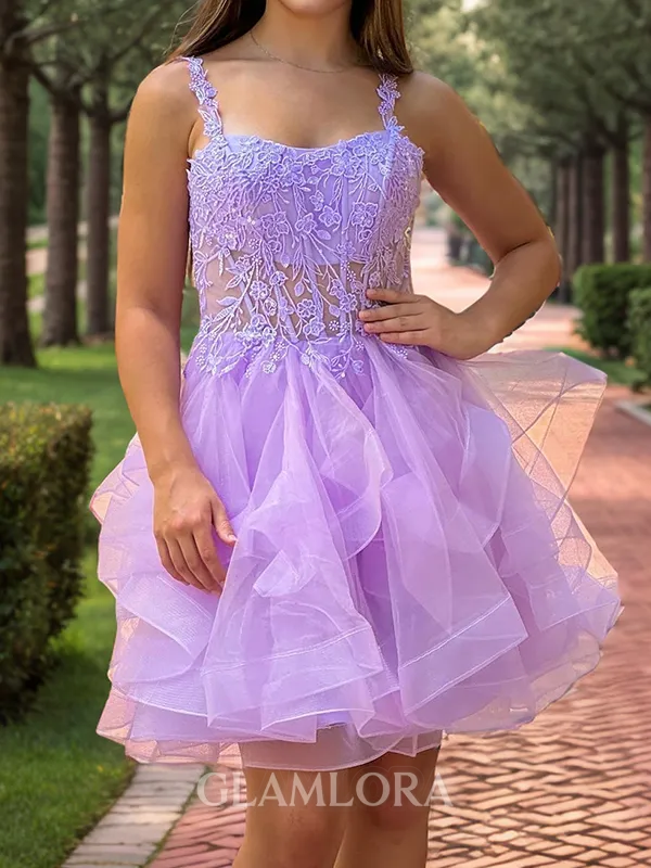Glistening A-line Straps Appliques Lace Short/Mini Tulle Corset Homecoming Dress