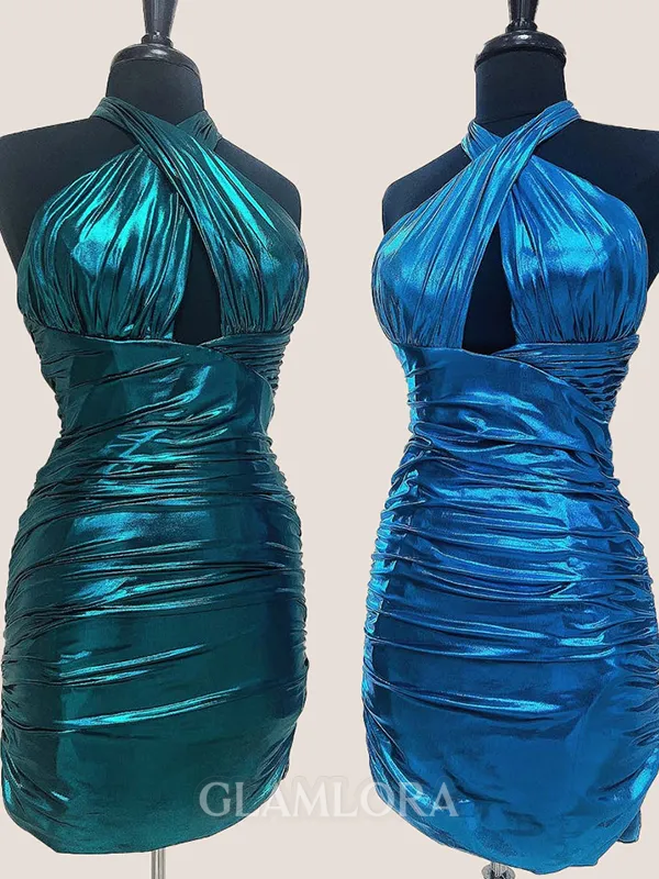 Pleated Halter Sheath Perfect Short/Mini Metallic Satin Homecoming Dress