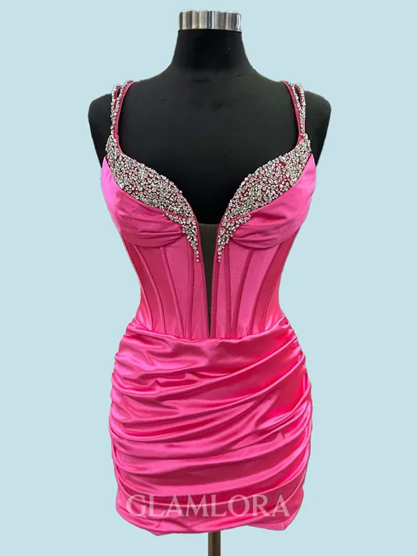Fashion Sheath Rhinestone Straps Short/Mini Silk like Satin Corset Homecoming Dress