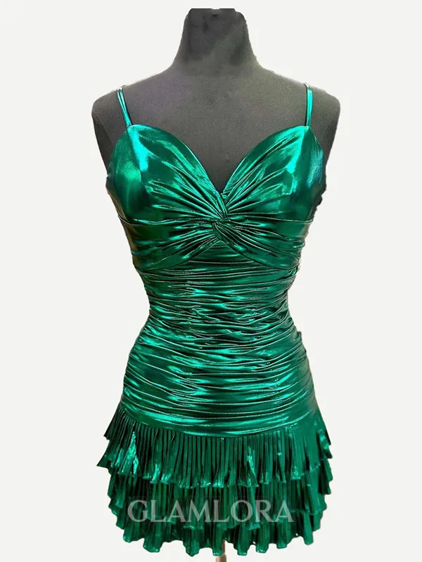 Sheath Straps Pretty Spaghetti Pleated Short/Mini Metallic Satin Homecoming Dress
