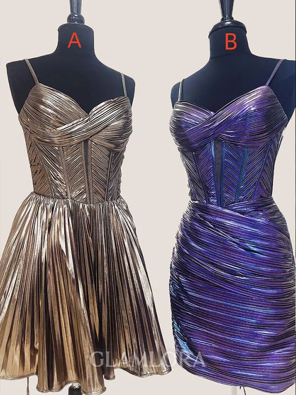 Hot Straps A-line Spaghetti Pleated Short/Mini Metallic Satin Corset Homecoming Dress