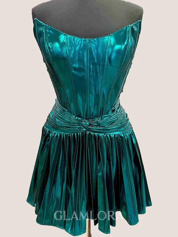 Graceful Straight Pleated A-line Short/Mini Metallic Satin Corset Homecoming Dress