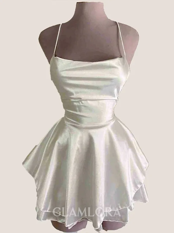 Spaghetti Grand A-line Straps Ruffles Short/Mini Silk like Satin Homecoming Dress