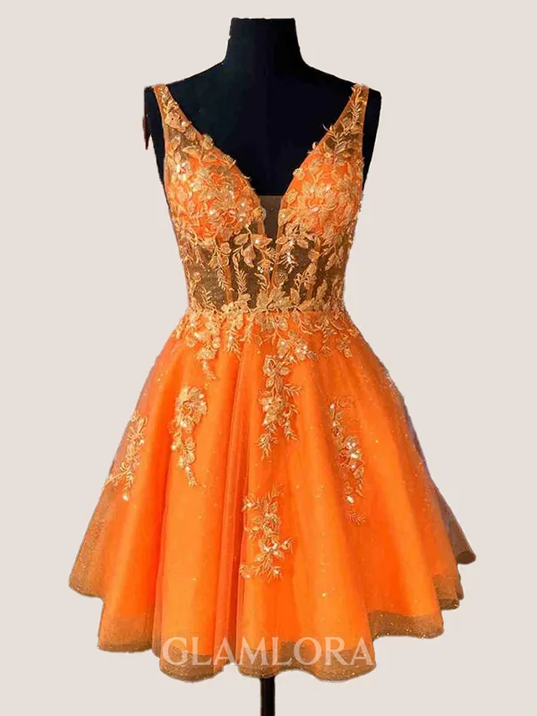 V-Neck A-line Enchanting Appliques Lace Short/Mini Tulle Corset Homecoming Dress