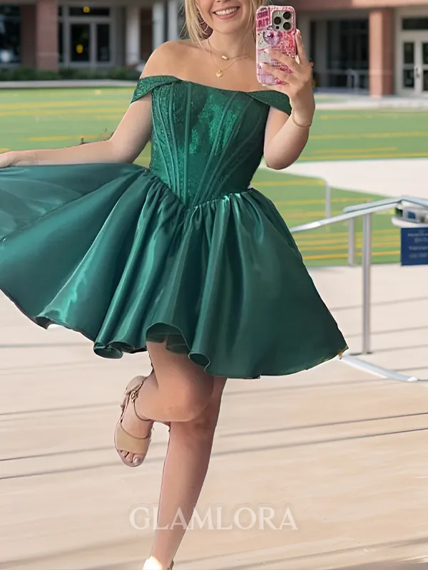 Charming Off-the-Shoulder A-line Ruffles Short/Mini Satin Corset Homecoming Dress