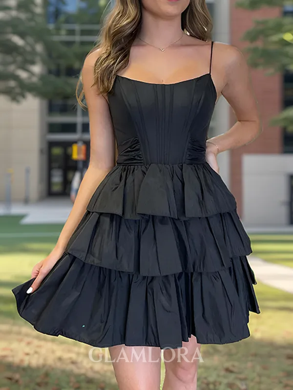 A-line Exquisite Straps Spaghetti Cascading Ruffles Short/Mini Taffeta Corset Homecoming Dress