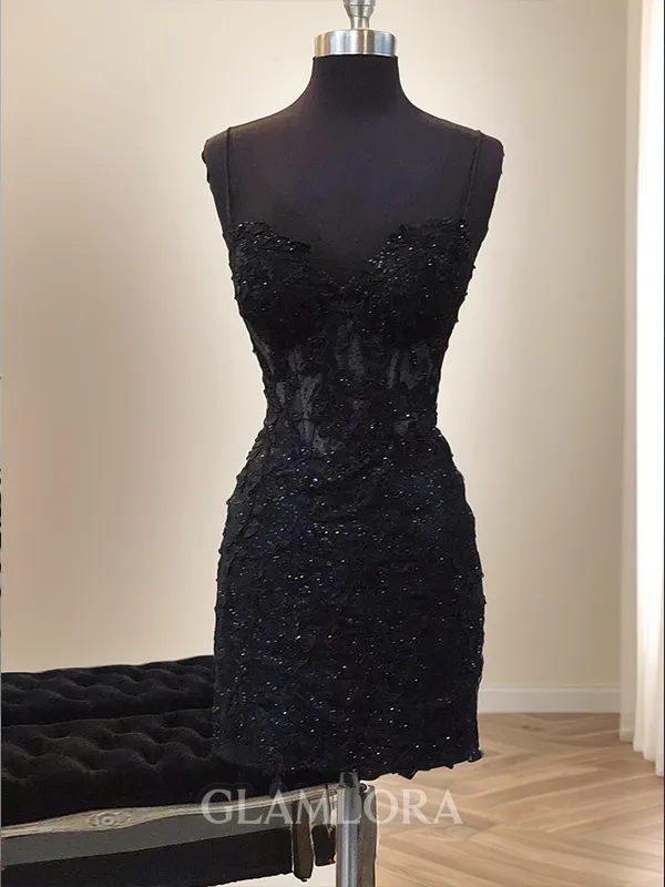 Straps Sheath Elegant Spaghetti Sequin Short/Mini Tulle Corset Homecoming Dress