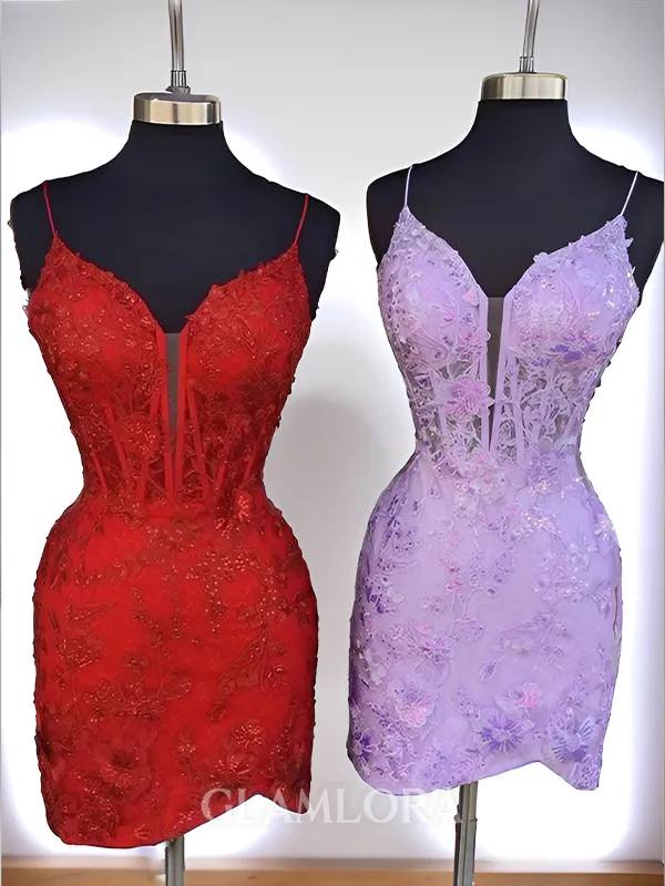 Chic Appliques V-Neck Sheath Lace Short/Mini Tulle Corset Homecoming Dress