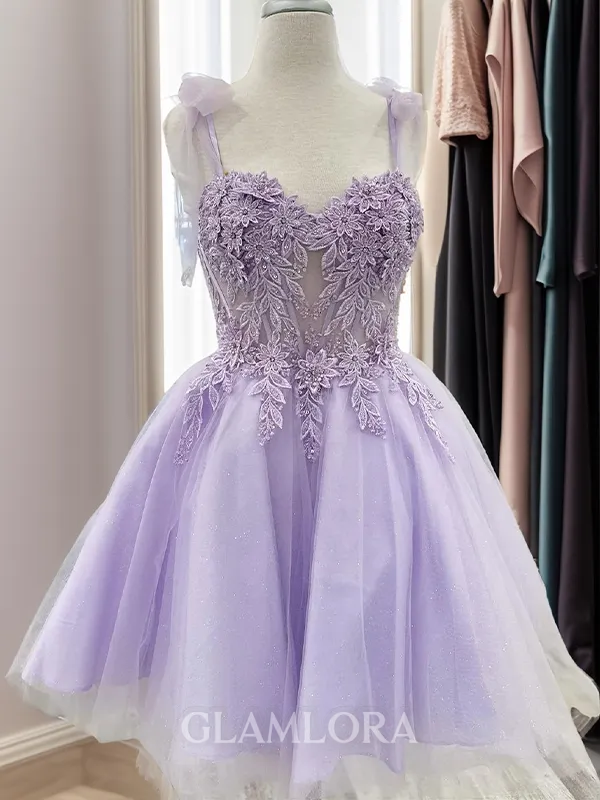 A-line Sweetheart Stylish Appliques Lace Short/Mini Tulle Corset Homecoming Dress