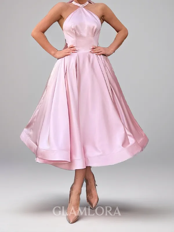 Refined Bow Halter A-line Tea-Length Satin Homecoming Dress