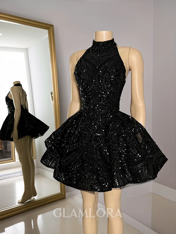 A-line Halter Extravagant Sequin Short/Mini Lace Homecoming Dress