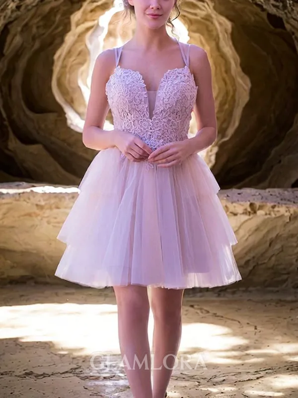 Charming Spaghetti Straps A-line Appliques Lace Short/Mini Tulle Homecoming Dress