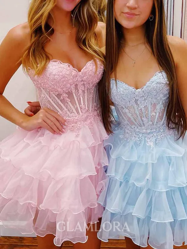 Exquisite A-line Sweetheart Appliques Lace Short/Mini Organza Corset Homecoming Dress