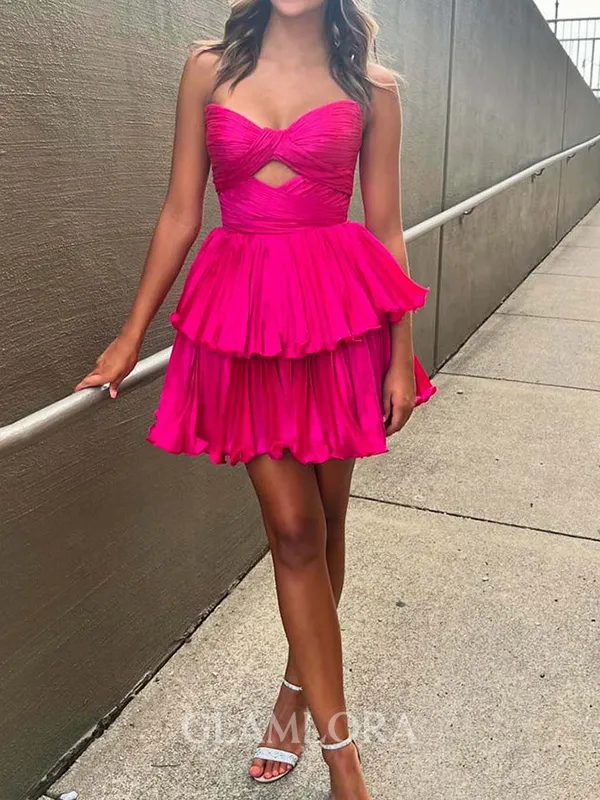 Splendid A-line Sweetheart Cascading Ruffles Short/Mini Satin Chiffon Homecoming Dress