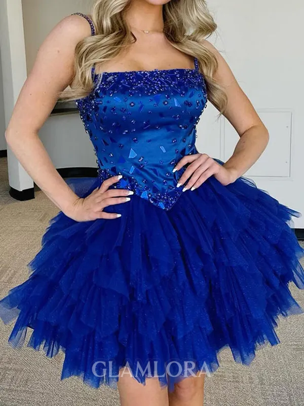 Graceful A-line Spaghetti Straps Beading Short/Mini Tulle Homecoming Dress
