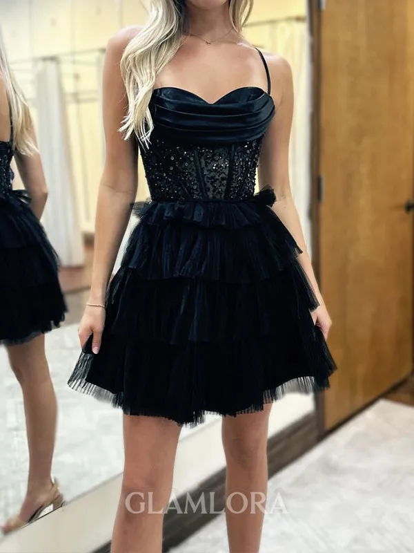 Captivating A-line Spaghetti Straps Cascading Ruffles Short/Mini Tulle Corset Homecoming Dress