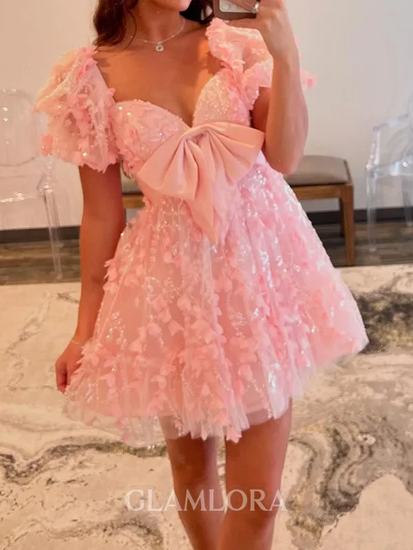 Magnificent A-line Sweetheart Short Sleeves Bow Short/Mini Lace Homecoming Dress