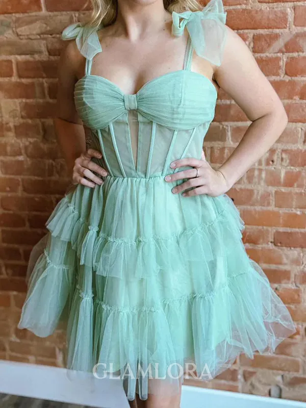 Unforgettable A-line Sweetheart Cascading Ruffles Short/Mini Tulle Corset Homecoming Dress