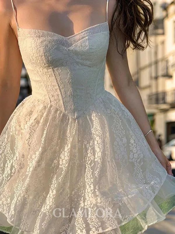 Trendy A-line Spaghetti Straps Ruffles Short/Mini Lace Corset Homecoming Dress