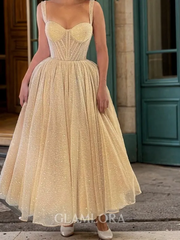 Unique A-line Straps Sequin Tea-Length Corset Homecoming Dress
