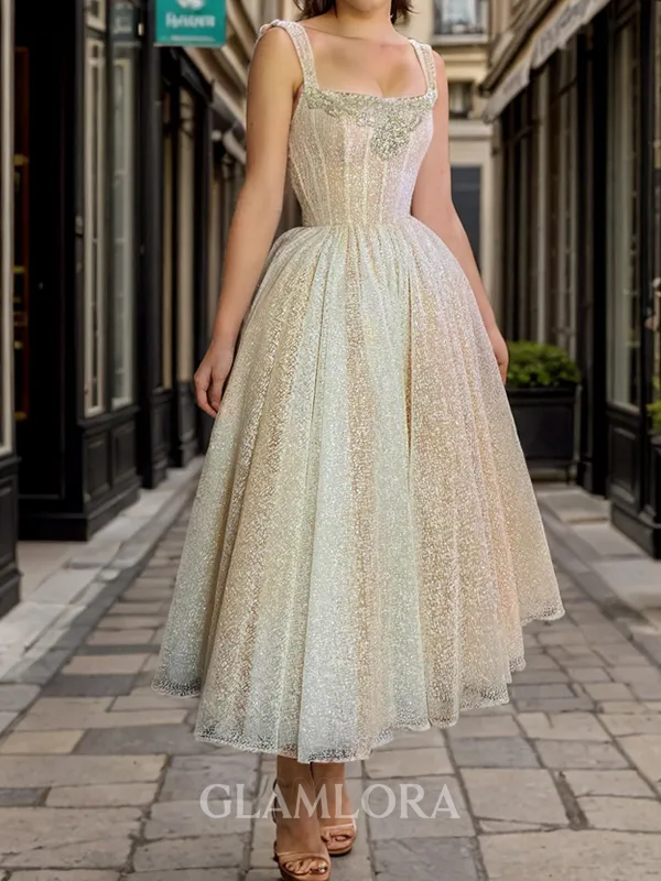 Pretty A-line Straps Beading Tea-Length Corset Homecoming Dress