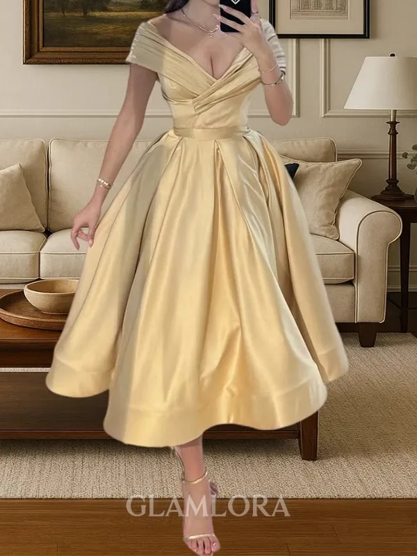 Stunning A-line V-Neck Pleated Tea-Length Satin Corset Homecoming Dress