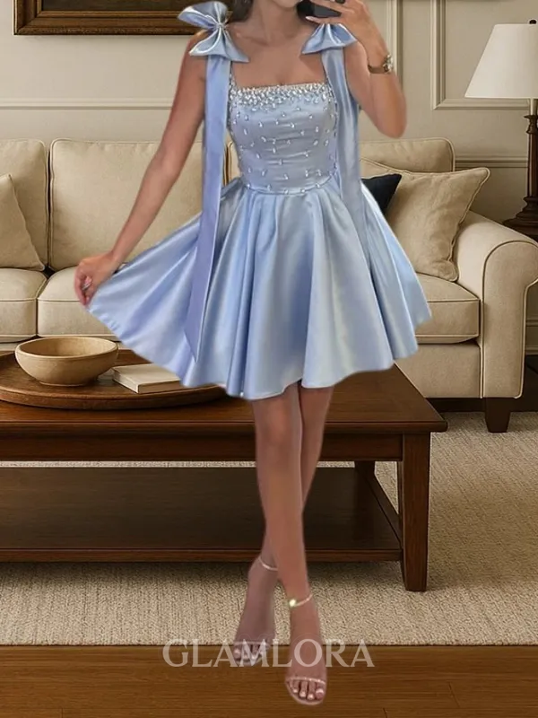 Graceful A-line Straps Bow Short/Mini Satin Corset Homecoming Dress