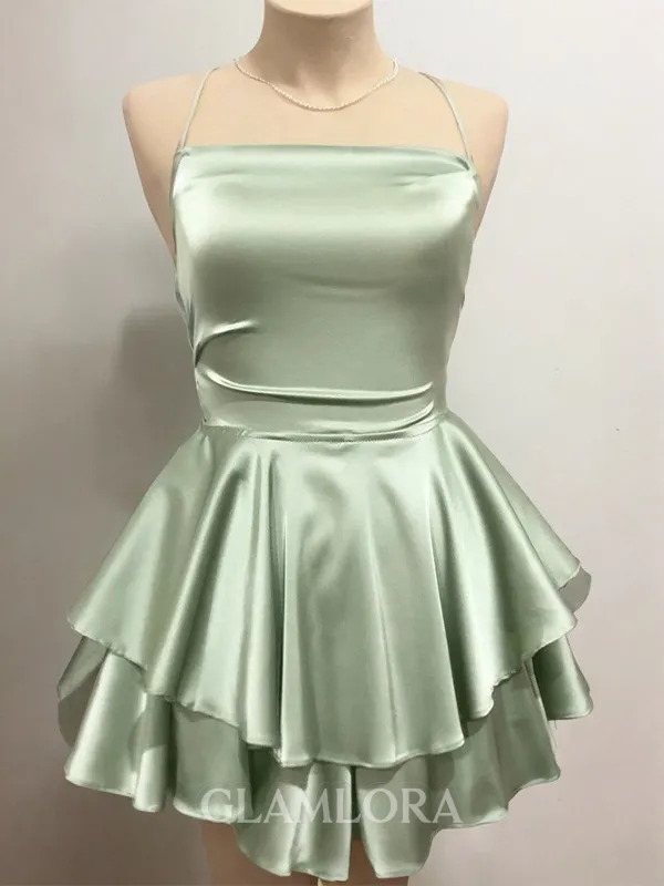 Breathtaking A-line Spaghetti Straps Cascading Ruffles Short/Mini Silk Like Satin Homecoming Dress