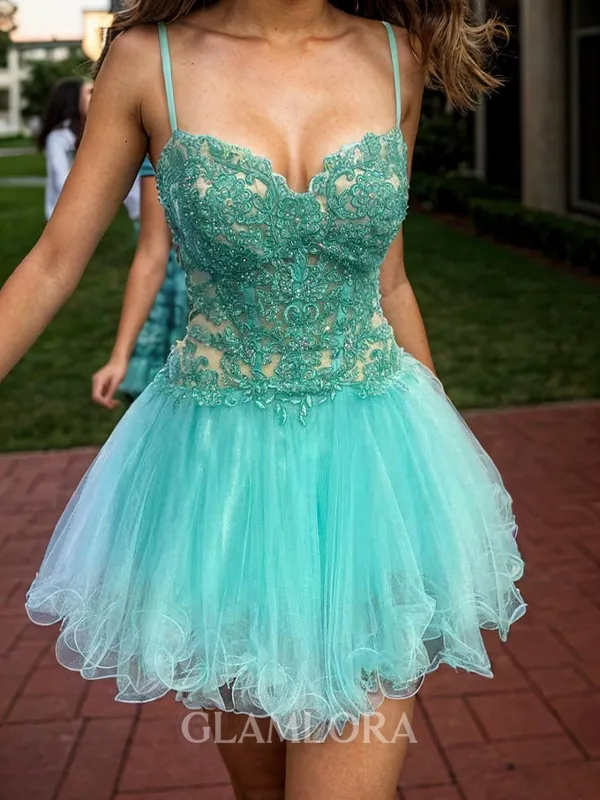 Stunning A-line Sweetheart Appliques Lace Short/Mini Tulle Corset Homecoming Dress