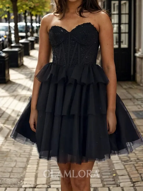 Stunning A-line Sweetheart Cascading Ruffles Short/Mini Tulle Corset Homecoming Dress
