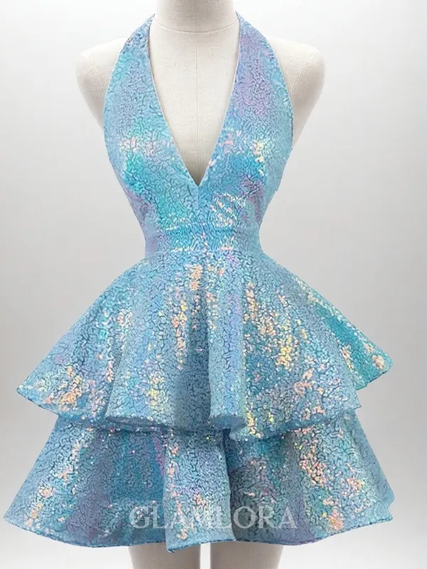 Gorgeous A-line Halter Cascading Ruffles Short/Mini Homecoming Dress