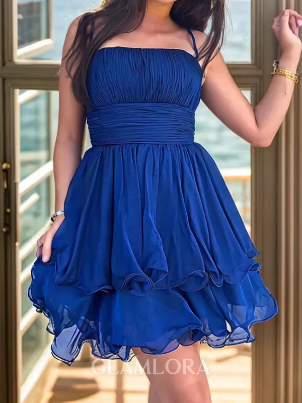 Unique A-line Spaghetti Straps Ruffles Short/Mini Chiffon Corset Homecoming Dress