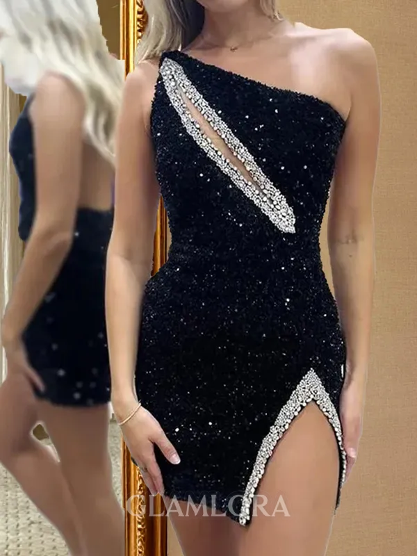 Fashion Sheath One-Shoulder Sequin Short/Mini Velvet Sequins Homecoming Dress