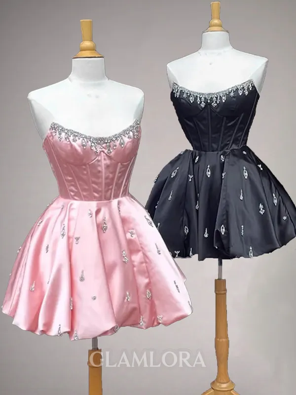 Charming A-line Straight Rhinestone Short/Mini Satin Corset Homecoming Dress
