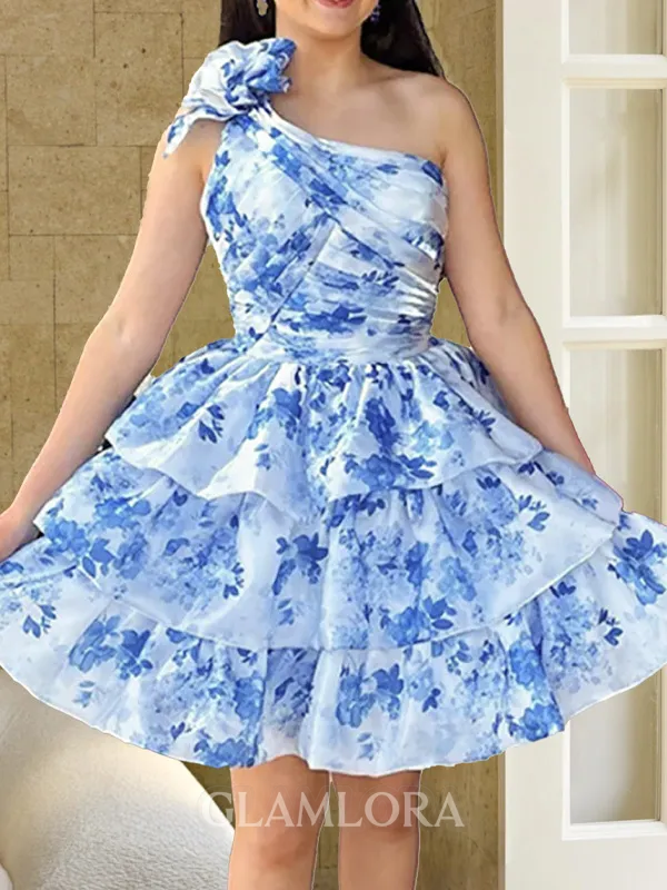 Delicate A-line One-Shoulder Cascading Ruffles Short/Mini Corset Homecoming Dress