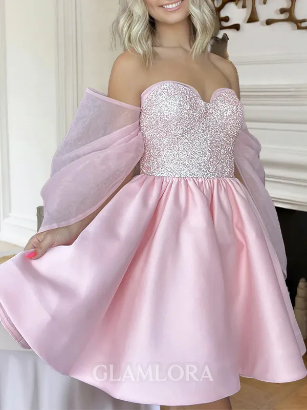 Exquisite A-line Sweetheart Short Sleeves Sequin Short/Mini Satin Corset Homecoming Dress