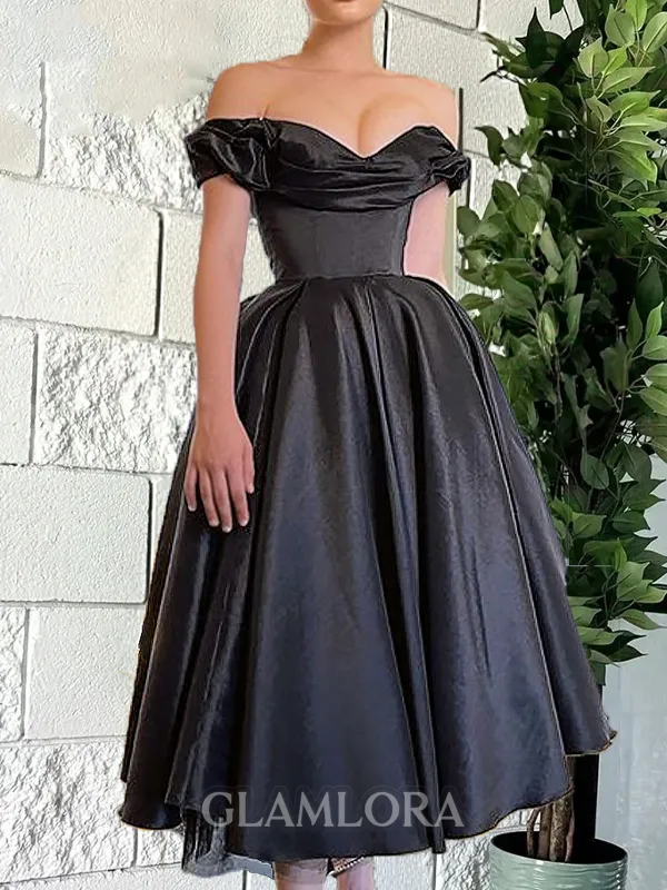 Graceful A-line Off-the-Shoulder Pleated Tea-Length Satin Corset Homecoming Dress