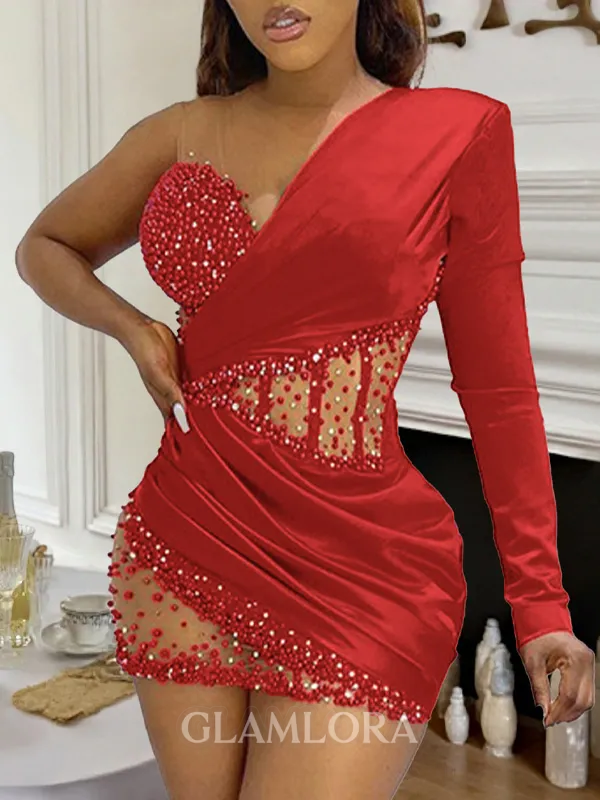 Grand Sheath V-Neck Long Sleeves Pleated Short/Mini Silk Like Satin Corset Homecoming Dress