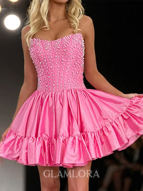 Fashion A-line Straight Beading Short/Mini Taffeta Corset Homecoming Dress