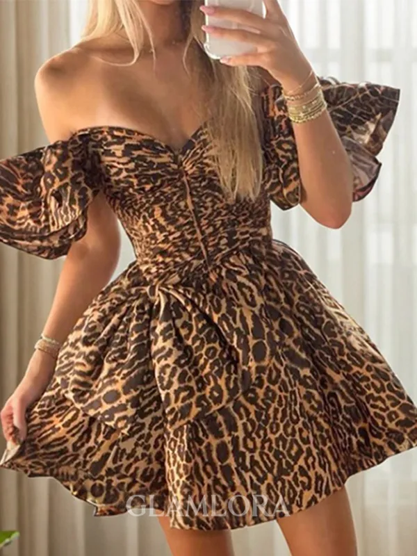 Unique A-line Off-the-Shoulder Short Sleeves Bow Short/Mini Homecoming Dress