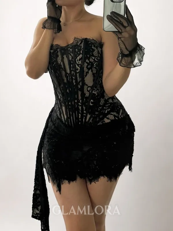 Charming Sheath Straight Appliques Lace Short/Mini Satin Corset Homecoming Dress