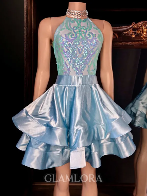 Elegant A-line Halter Cascading Ruffles Short/Mini Silk Like Satin Homecoming Dress