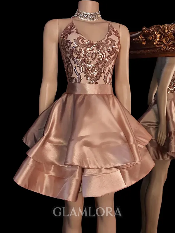 Opulent A-line V-Neck Cascading Ruffles Short/Mini Silk Like Satin Homecoming Dress
