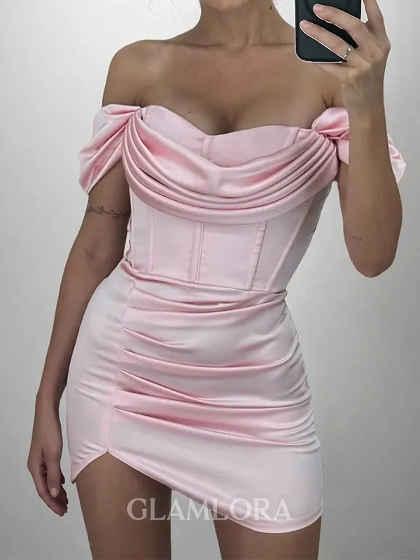 Aristocratic Sheath Off-the-Shoulder Pleated Short/Mini Silk Like Satin Corset Homecoming Dress