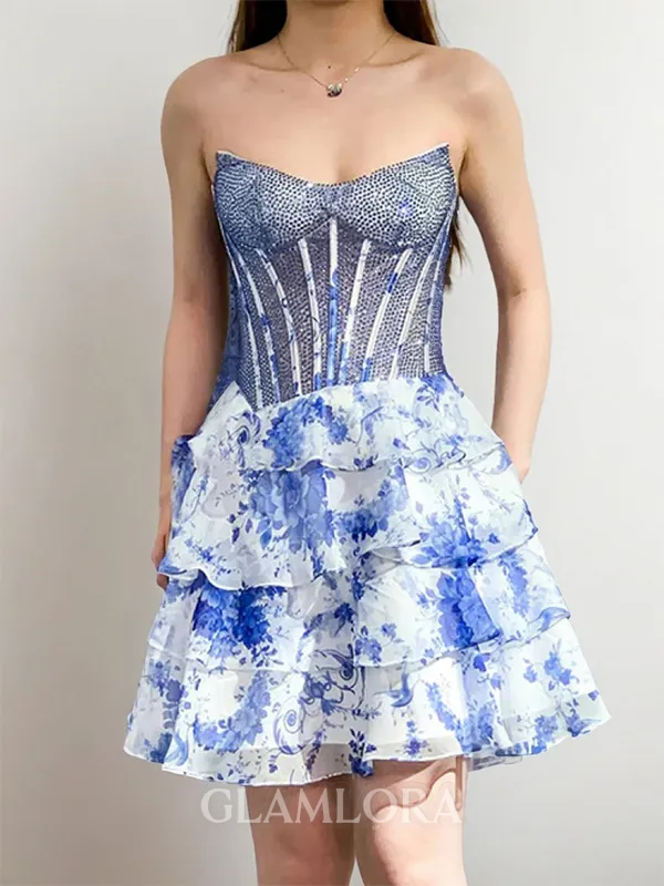 Glamorous A-line Sweetheart Cascading Ruffles Short/Mini Corset Homecoming Dress